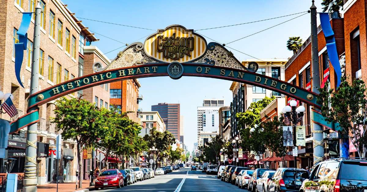 Sign over the street in San Diego, CA. "Gasland Quarter - Historic Heart of San Diego".
