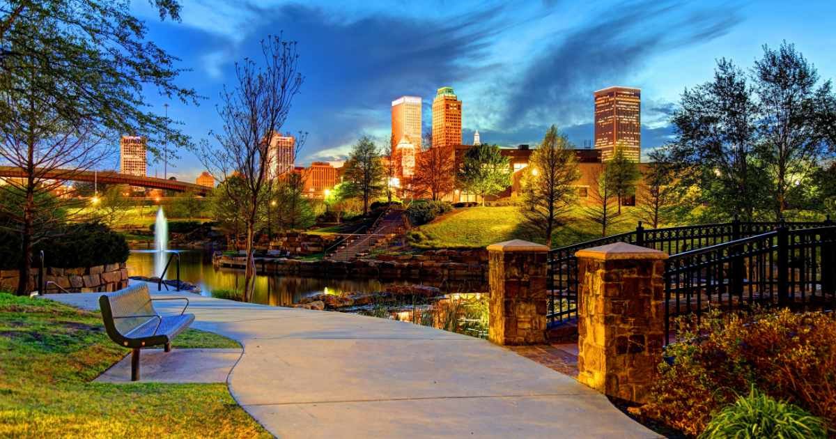 Evening view of park in Tulsa, OK.