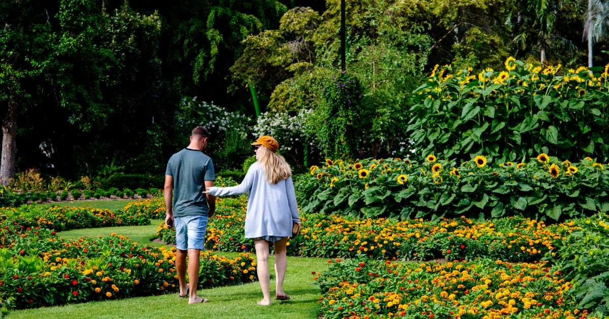 Couple walking in a botanical garden
