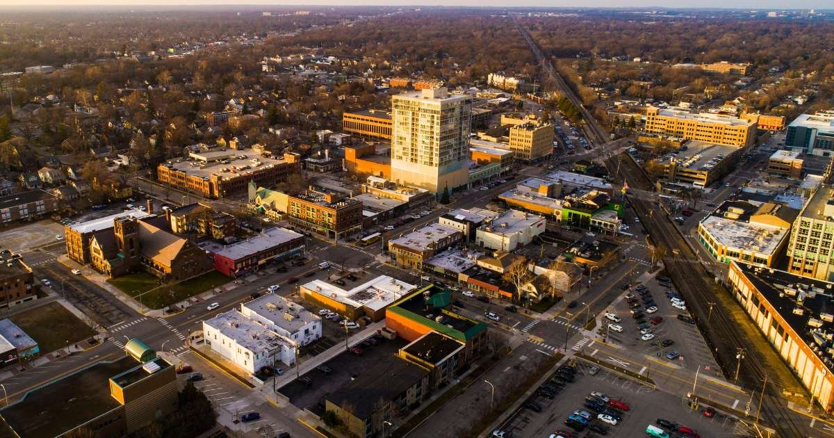 An aerial view of downtown Royal Oak, Michigan