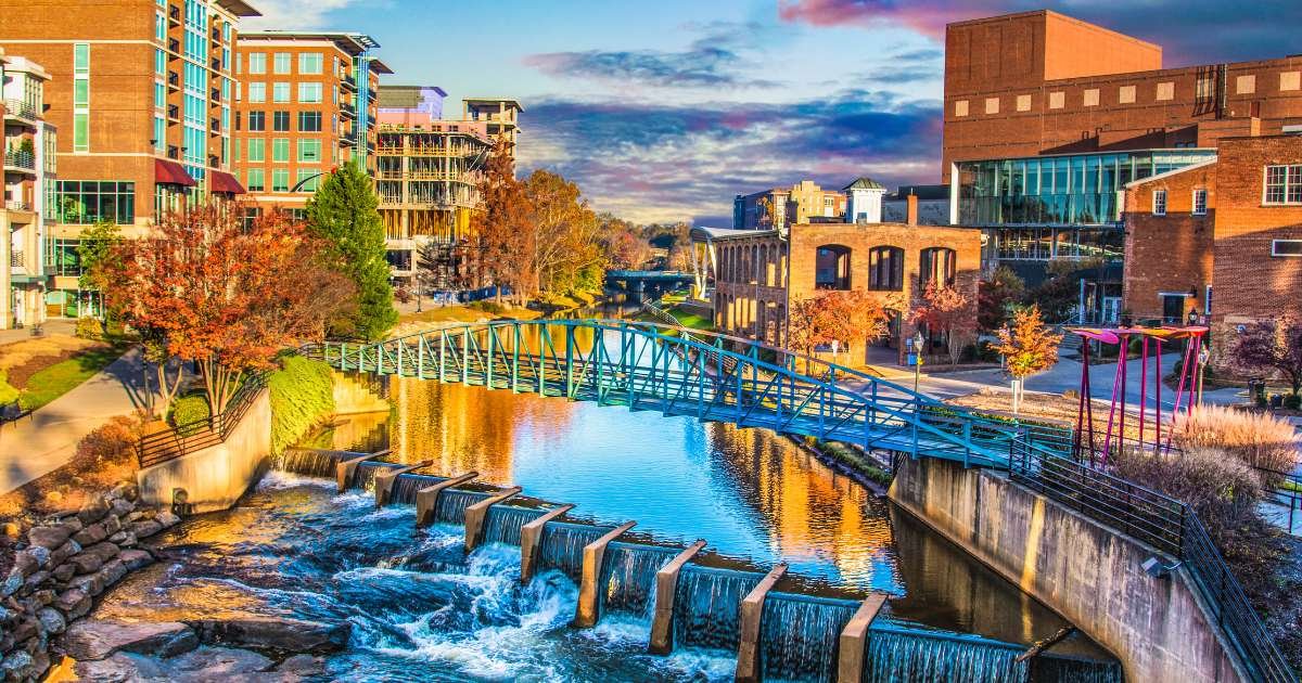 River Place and Reedy River at sunrise in Greenville, South Carolina SC.