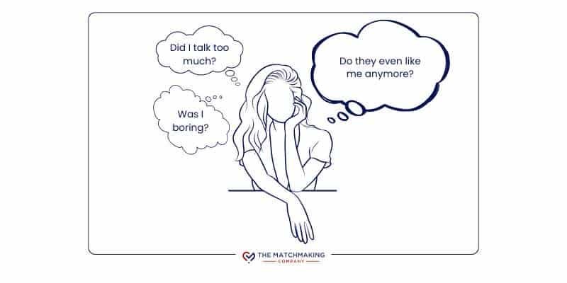line drawing of a woman overthinking after an awkward first date. she is asking herself, "Was I boring? Did I talk too much? Do they even like me?"