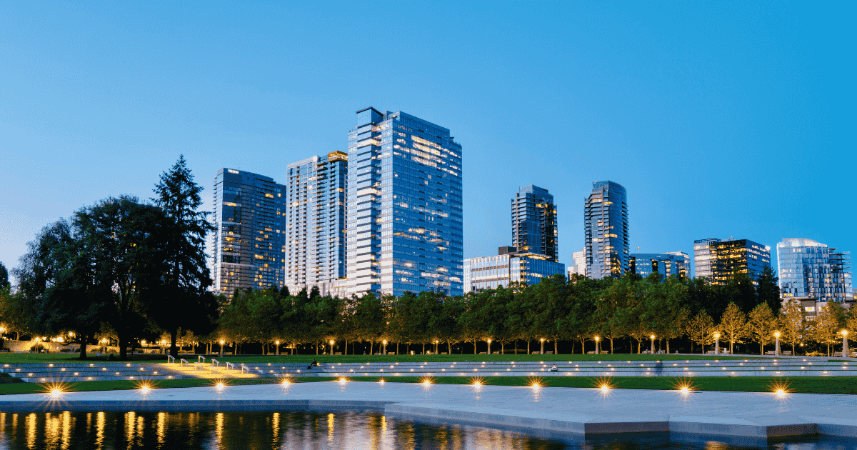 Downtown Bellevue skyline at dusk