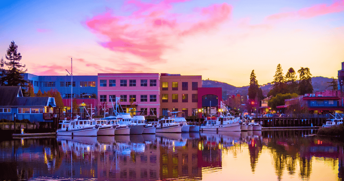 pink and yellow sunset over downtown Petaluma and the marina