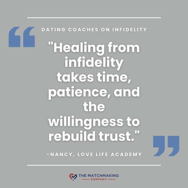 text graphic of this quote from Nancy: "Healing from infidelity takes time, patience, and the willingness to rebuild trust."