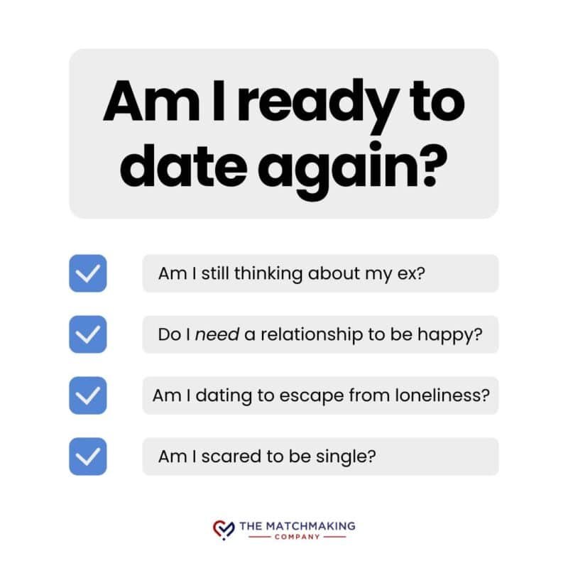 a text graphic outlining the questions above. these questions will help you determine if you're ready to start dating again after a heartbreak.