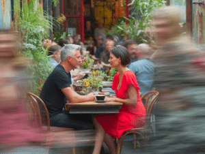 Singles connecting over coffee at an outdoor cafe